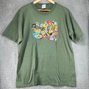 Early 2000s Y2K Graffiti Style Graphic Evolve T-Shirt Green Unisex Retro Large